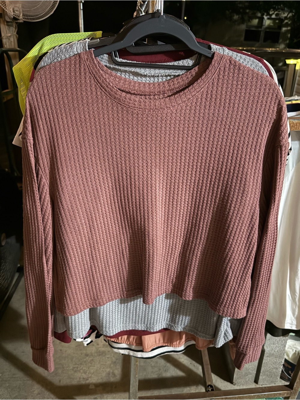 Waffle-Knit Long Sleeve Crop Top - Dusty Rose